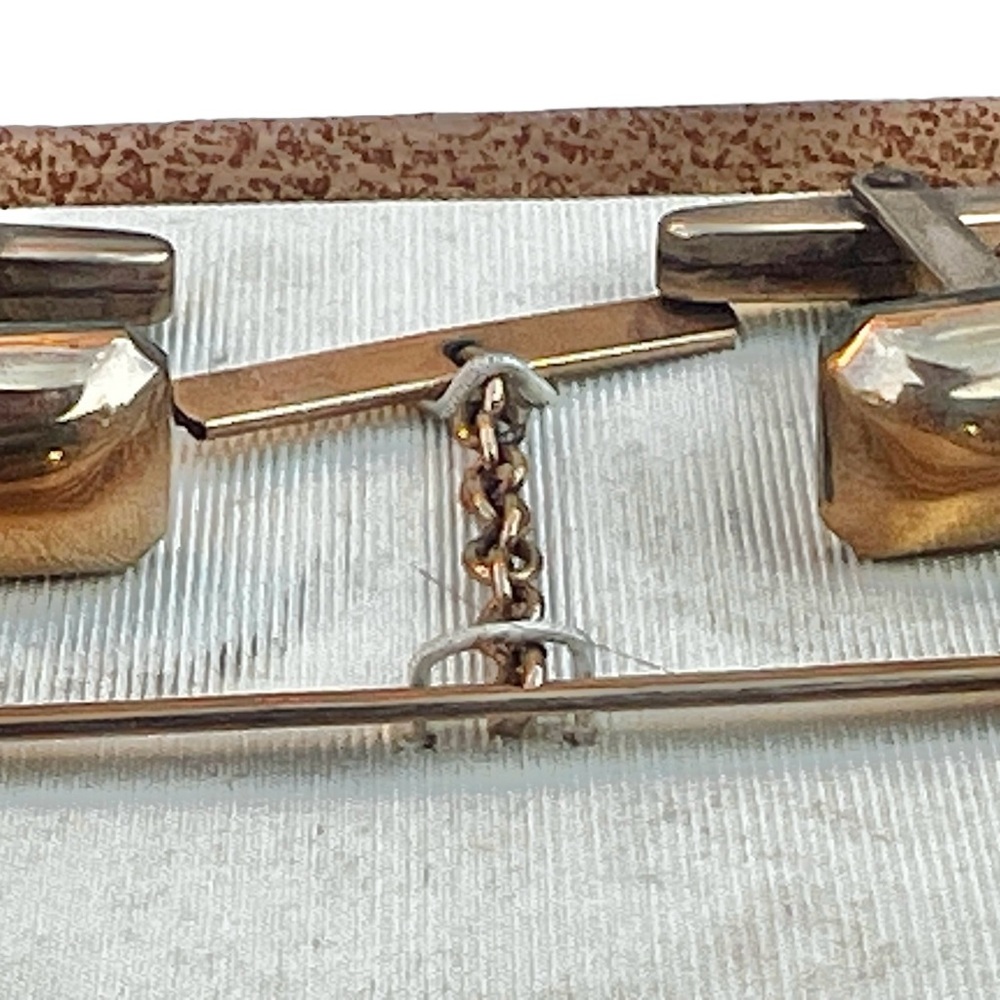 Bigney Tie Bar W/ Chain & Cufflinks gold filled 1/20 12KT VTG NRFB MCM Orig Box - Picture 4 of 12